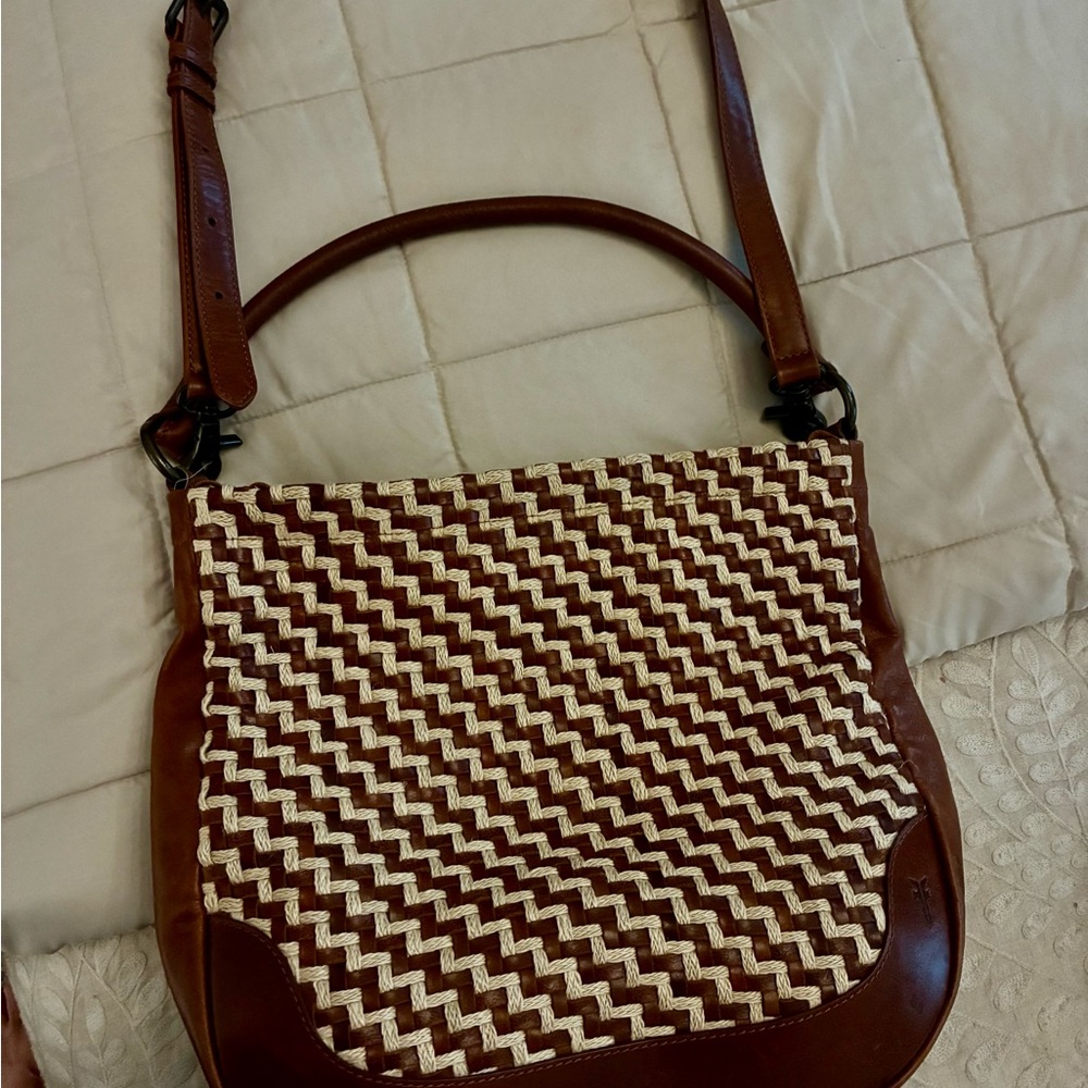 Frye Brown and Cream Zigzag rope and leather Shoulder Hobo style bag